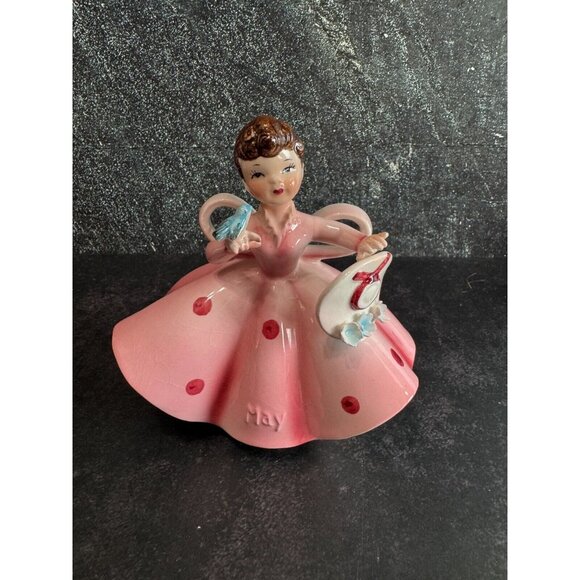 Vintage Lefton "May" Girl Porcelain Figurine 4.5"x4" Pink Dress With Hat & Blueb - Picture 6 of 8